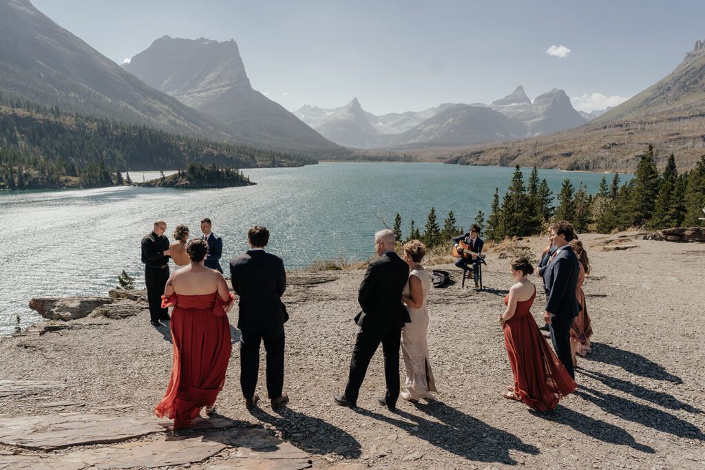 Intimate wedding ceremony at Sun Point, overlooking St. Mary Lake