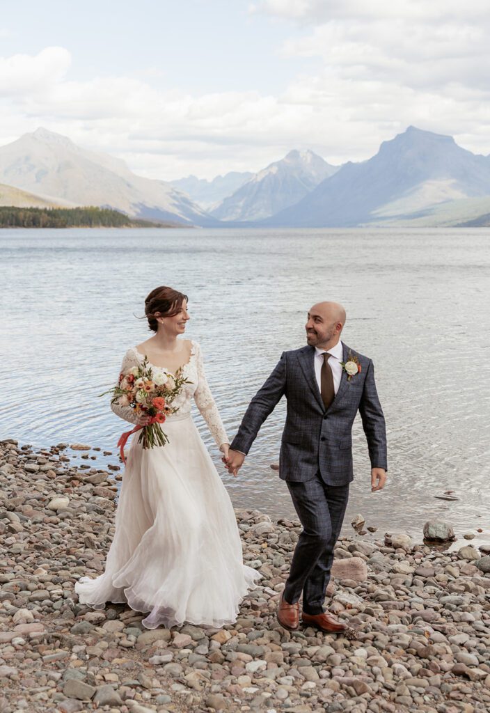 Glacier National Park Fall bridal portraits at Ryan Beach, following an intimate wedding ceremony
