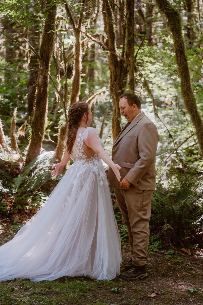 Romantic first look in the Pacific Northwest - real wedding moments