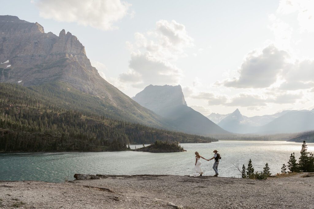 Mountain bridal portraits at Sun Point in Glacier National Park photographed by Sydney Breann Photography