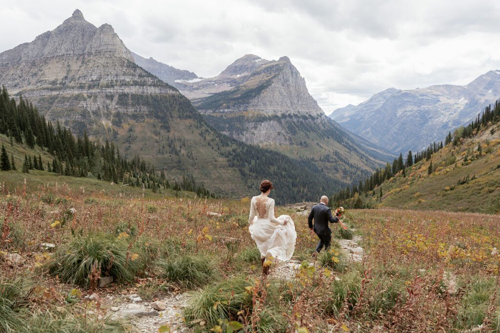 Big Bend bridal portraits in Glacier National Park following an intimate wedding ceremony at Ryan Beach