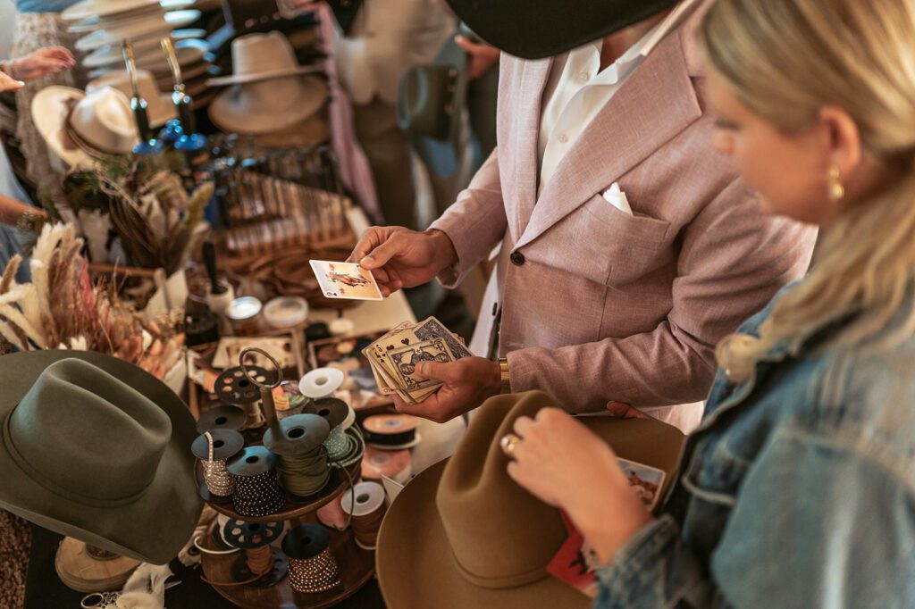 Dusty Brim Hat Bar at an intimate wedding reception at Saint Agnes Farmhouse in Whitefish, Montana