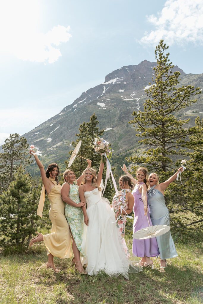 Garden party bridesmaids dresses for an intimate destination wedding in the mountains of Glacier National Park.