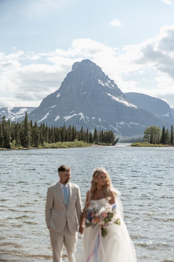 Garden party-inspired wedding bridal portraits for an intimate wedding in Glacier National Park.