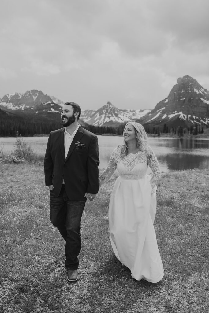 Newlywed portraits at Pray Lake in Glacier National Park.