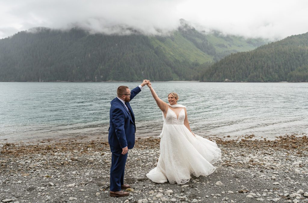 Adventurous bridal portraits at Thumb Cove in Resurrection Bay, photographed by Sydney Breann Photography.