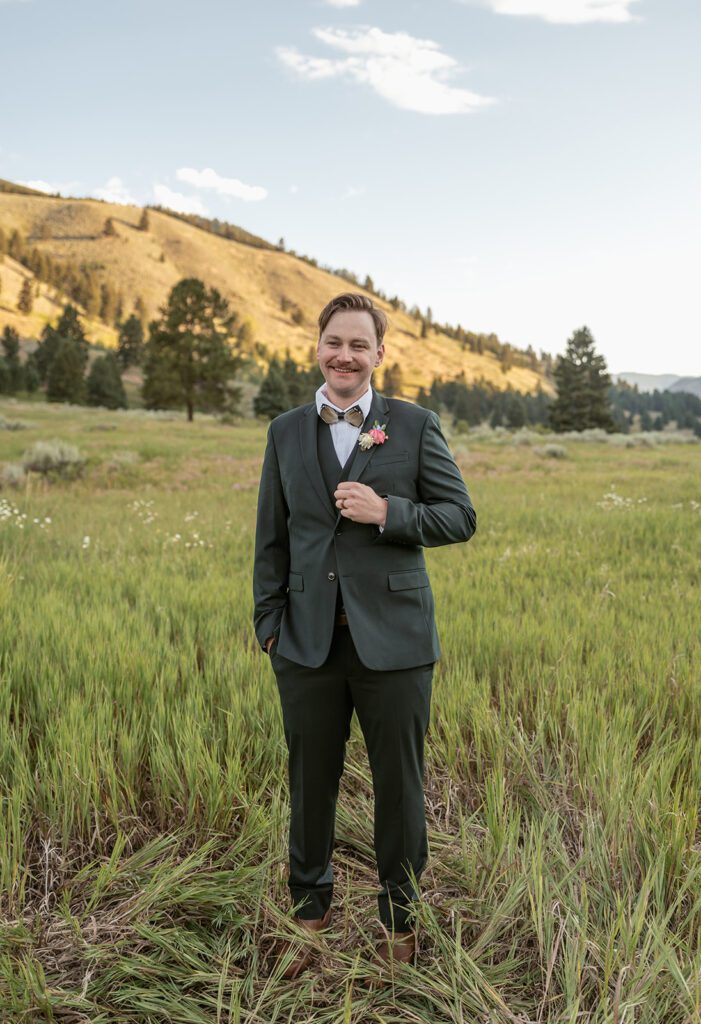 Intimate sunrise wedding ceremony at Durnam Meadow in Big Sky, Montana photographed by Sydney Breann Photography.