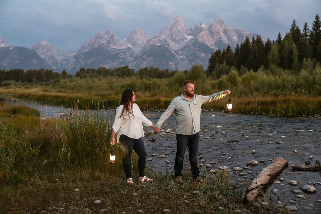 Blue hour engagement session at sunrise in Grand Teton National Park