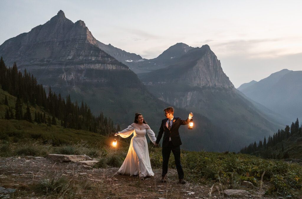 Blue hour lantern bridal portraits at Big Bend in Glacier National Park