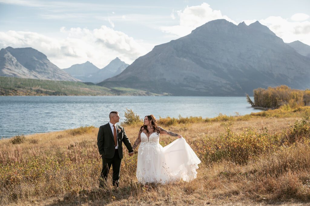 Laidback mountain elopement bridal portraits at St. Mary Lake