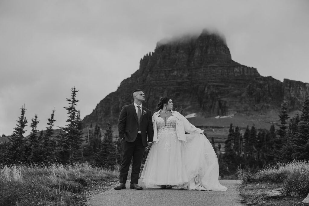 Moody newlywed portraits at Logan Pass in Glacier National Park
