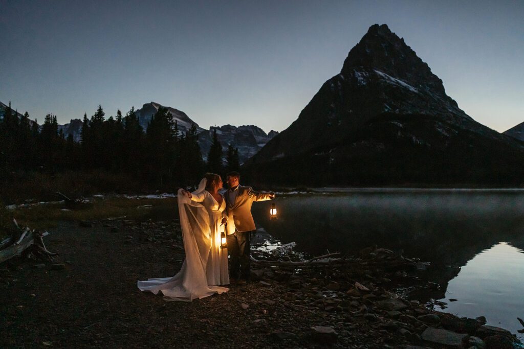 Blue hour lantern bridal portraits in Glacier National Park